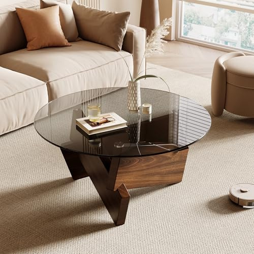 Honyee Modern Round Coffee Table, 30.7 x 30.7 x 16.1 Tempered Glass Top for Living Room, Color: Walnut