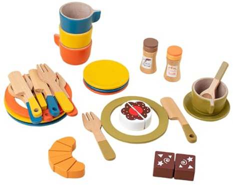 Sharplace Wooden Play Dishes and Plates Pretend Play Playset Color Matching Spoons Life Skills Accessories Tea Cups for Kids Kitchen