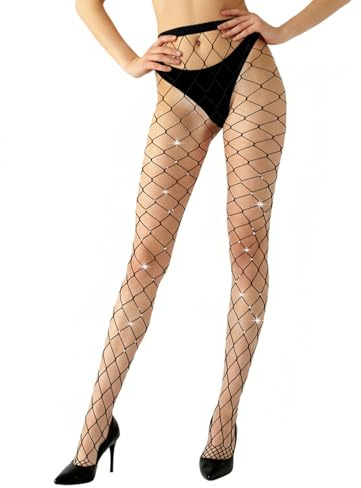 Tweruna Calze a rete nere con strass, collant a rete scintillanti per donne, collant a rete elastici neri con strass, grandi calze a rete a rete per le donne