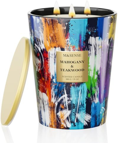 M&SENSE Stort doftljus i glas, teakwood doftande ljus, 150 timmars brinntid | 150 timmars ren bränning, giftfri, för hem, kontor, fars dag, butik och inflyttningspresent