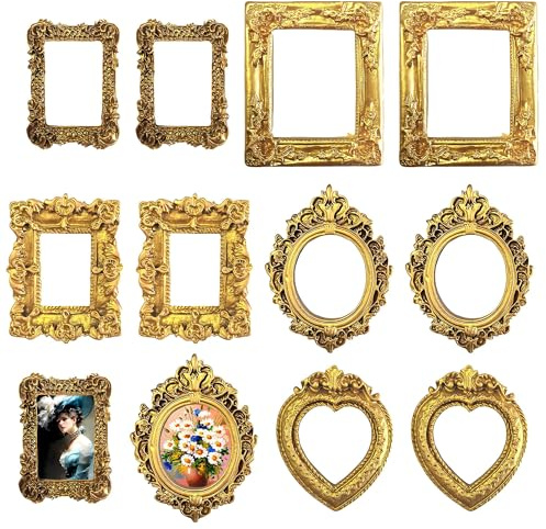 GEVECORI Mini cornici portafoto barocco, set da 10 pezzi, vintage, oro in resina, piccole cornici per decorazioni fai da te, espositore di gioielli, parete fotografica, decorazione da tavolo (1,6-2,2