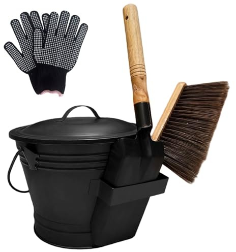 Seau à cendres avec couvercle, seau à cendres de cheminée avec pelle, balai main et gants, métal pour cheminée, foyer, poêle bois