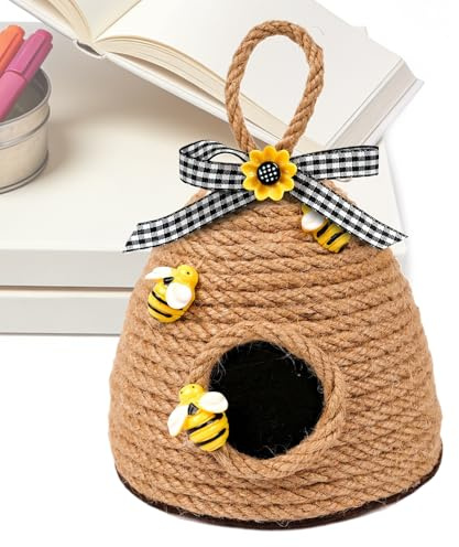 Generisch Beehive Decoration - Mini Juteskep | Tier Tray Decoration | Honey Bee Ornament for Country House Kitchen & Living Room, Handmade Spring Decoration, Rustic Summer, Yellow Black, 1 Piece