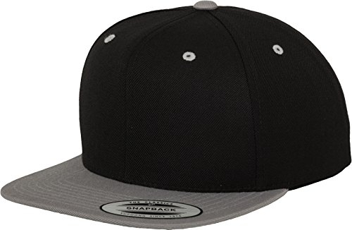 Yupoong Flexfit Unisex Kappe Classic Snapback 2-Tone, zweifarbige blanko Cap mit geradem Schirm, One Size Einheitsgröße für Männer und Frauen, Farbe blk/silver