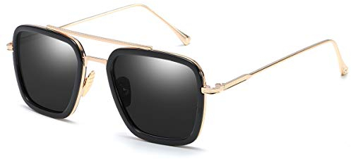 BOJOD Retro Sunglasses Tony Stark Glasses Vintage Square Eyewear Metal Frame for Men Women Iron Man Sunglasses Gold frame/Black Lens
