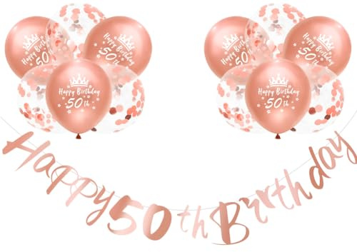 Happy 50th Birthday Banners Rose Gold Women 50th Birthday Banner Bunting Personalized Including 12 Pack 12” Latex Printed Balloons Women 50 Decorations Supplies