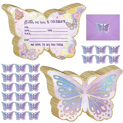 Hotop 24 Sets Butterfly Birthday Invitations with Envelopes and Stickers for Girls Party Invitations for Kids Birthday Baby Shower Party