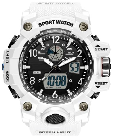 RORIOS Orologio Sportivo Coppia Orologio da Polso Elettronico Doppio Display Orologio Digitale Quarzo Orologio Multifunzione Militare per Uomo Impermeabile Bianco A