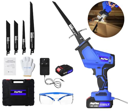 Scie sabre sans fil avec 1 x batterie 1,5Ah et chargeur, scie électrique alternative avec lame de scie sabre 4 pièces, 1900RPM, max. 150 mm profondeur de coupe, pour bois métal
