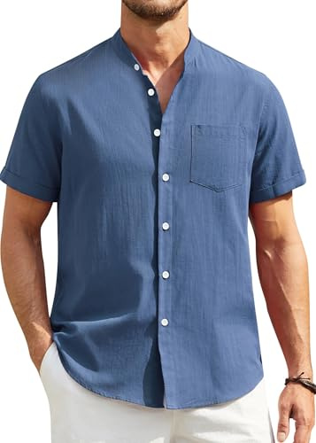 Enlision Camicia Uomo Maniche Corte Camicia Lino Uomo Estive Camicie Coreana Blu con Bottoni Slim Fit Camicie di Lino Cotone per Estiva Mare Spiaggia XL