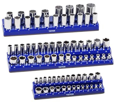 VEVOR Magnetisches Steckschlüssel-Organizer-Set, 3-teilig, magnetisch, 1/4 Zoll, 3/8 Zoll und 1/2 Zoll metrische Ablagen mit klaren Etiketten, für bis zu 75 Standard- und tiefe Stecknüsse, Blau