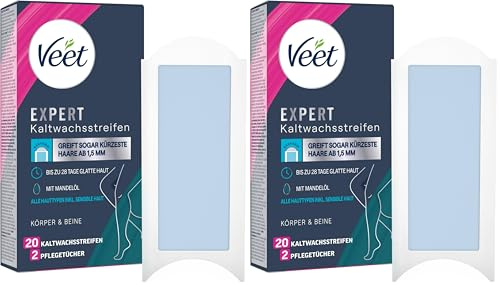 Veet Expert Kaltwachsstreifen Körper & Beine - Wachsstreifen zur Haarentfernung für alle Hauttypen inkl. sensibler Haut - 10 Doppelstreifen : 20 Streifen (Packung mit 2)
