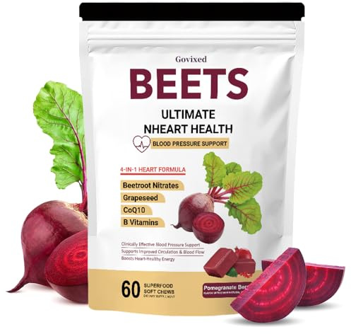 Govixed Beets Ultimate Heart Health Chews for Blood Pressure Support, with Beetroot Powder, CoQ10, B Vitamins & Grapeseed, Pomegranate Berry, 60 Soft Chews