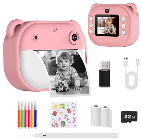 Bizcasa Macchina Fotografica Bambini Istantanea, Fotocamera Digitale con Carta da Stampa e Scheda TF da 32 G, Penne Colora, Regalo Natale Bambino e Bambina 3-14 Anni (Rosa)