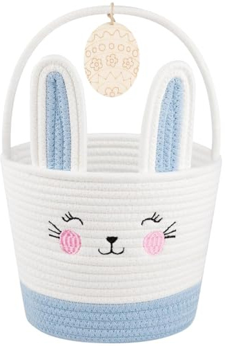 Blue and White Easter Basket for Toddler - Woven Baby Easter Gift Basket with Handle, Empty Bunny Egg Basket for Girls Boys Kids