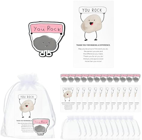 Appreciation Gifts, 12 Sets Thank You Gift Combo, Includes You Rock Pin Badges, Thank You Cards and Organza Bags, Emotional Support Gifts for Employees, Staff, Students, Teacher Teams and Colleagues