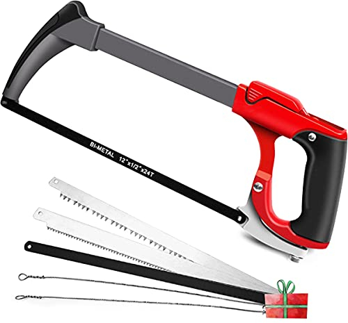AIRAJ Le cadre de la scie à métaux ajuste la tension,300 mm deux angles de scie (45 ° / 90 °), le remplacement d'une clé de 7 lames de scie alternative pour les ensembles de scies à métaux