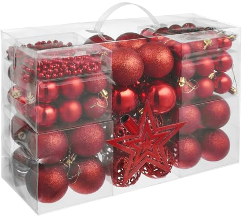 tectake® Bolas de Navidad con Plástico Inastillable, Acabados Mate Brillante Purpurina y Cuerdas Doradas Resistentes, Navidad Decoración, Relleno, Bolas Arbol - Conjunto de 86 Bolas Rojas