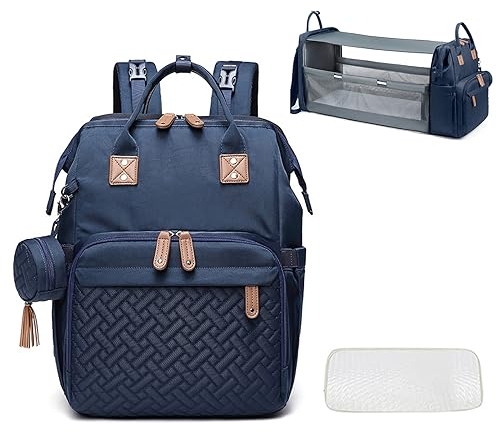 SONARIN Sacs à Dos à Langer pour Bébé avec Lit Pliable,Sacs à Langer Multifonction Portable Imperméable Sac à Couches de Voyage Sac de Poussette avec Tapis,Sac à Tétine et Port USB(Bleu Foncé)