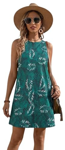 KBRPEY Sommarklänning för kvinnor Ärmlös Blommig Tryck Bohemian Etnisk Elegant Klänning Strand Tank Short Mini A-Line Sommarklänningar Vintage Beach Klänning, Mörkgrön, L