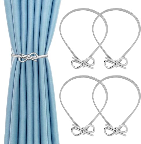 Sheryl&Rain 4 Stück Vorhang Raffhalter für Vorhänge Silber Bogenknoten,Verstellbare Raffhalter für Gardinen mit Federseil,Gardinenhalter Raffhalter Vorhang Clip für Haus Dekoration Cafe Büro