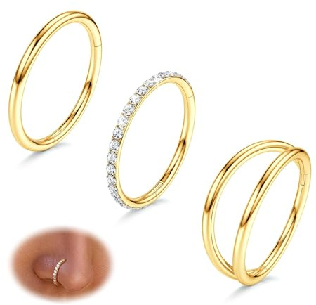 Diamday 3pcs Piercing Nez Anneaux en Acier Chirurgical 316L 16G/18G/20G Charnière CZ Piercing Conch Piercing Septum Nez Anneaux Helix Or Helix Rook Tragus Daith 7mm/8mm/9mm/10mm