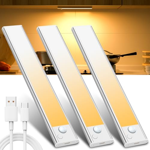 Unterbauleuchte Küche Led Schrankbeleuchtung Bewegungsmelder - Warmweiß 3 Stück 20 CM Licht USB Aufladbar Innen Batterie Aufladbar Led Schrank Leiste Lampe für Kleiderschrank Unterschrank Küchen