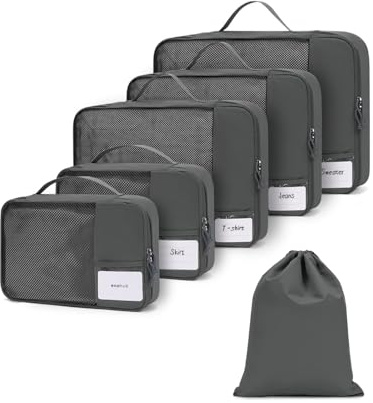 ECOHUB Koffer Organizer Set, 6-teilige Packing Cubes mit ID-Tag, Recycelte Packwürfel für Reisen, Leichte Packtaschen für Koffer, Travel Rucksack Organizer, Patent anhängig (Dunkel Grau）