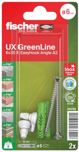 Fischer Universal Dowels UX Green 6 x 35 R EasyHook Angle, Sustainable All-Purpose Dowels with Edge for Optimal Hold in Various Building Materials, with A2 Stainless Steel Screws and Angle Hook, Pack