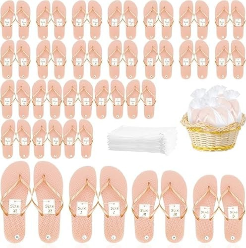 MALLOOM 24 Paires de Tongs pour Invités de Mariage, Cadeaux de Mariage avec Cartes de Taille & Sacs à Cordon, Chaussons d’Hôtel pour Spa, Mariage, Fête, Hôtel et Voyage, Or Rose