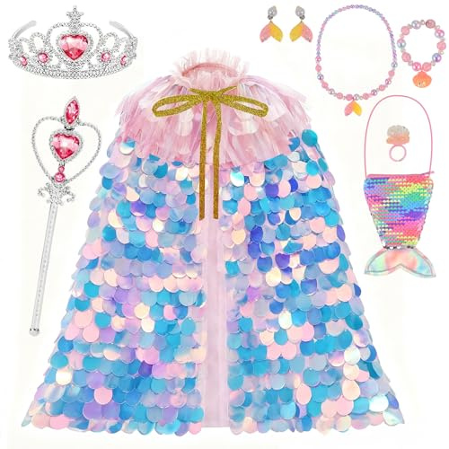 Faburo Sjöjungfru, prinsessa, kappa, barn, flickor, kostym, barn, utklädningslåda med trollstång, krona, halsband för halloween, jul, karneval, födelsedag, cosplay, fest, utklädnad flicka