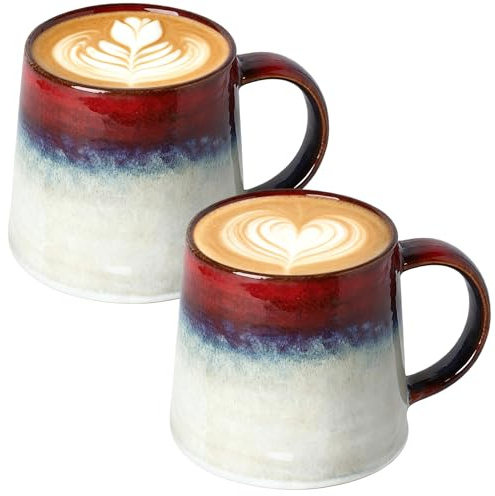 2 tazze da caffè grandi, 450 ml, in ceramica, grande tazza da tè con manico, tazza per cappuccino, tazza in gres porcellanato, tazza da caffè fatta a mano, in ceramica, per caffè, latte, tè (rosso