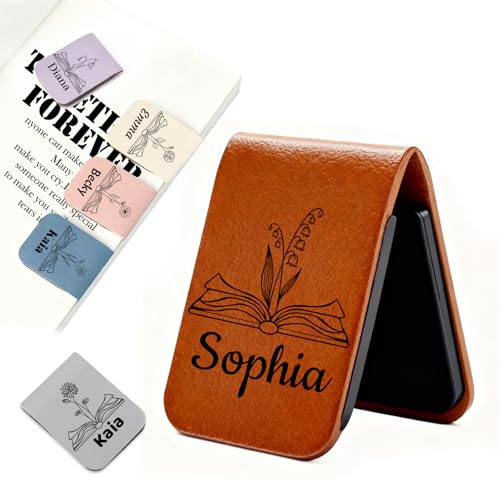 AAQ Marque-Page Magnétique Personnalisé avec Nom et Fleur - Marque-Page Personnalisable en PU Cuir Cadeau pour Amoureux des Livres, Amis, Étudiants et Enseignants (Noir et Blanc)
