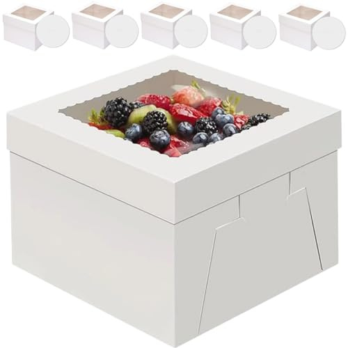 KLLJ Cajas de Cartón para Tartas,5pcs Caja para Tartas,Cajas Tartas & Bandeja Redondas con Ventana Transparente,Caja de Transporte para Tartass,Juegos de Cajas Blancas con Ventana y Tablass Redondas
