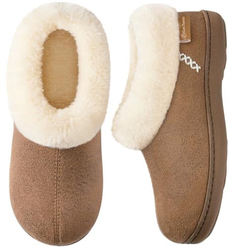 EverFoams Women's Microsuede Fuzzy Plush Lined Slippers with Cosy Memory Foam Tan, Size 5-6 UK