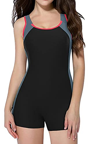 CharmLeaks Women Boyleg Sports One Piece Swimsuit Quick Dry Racerback Swimwear Gray M