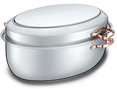 CONCORD Premium 12 Quart Stainless Steel Roasting Pan with Hangable Rack. Oval Turkey Roaster with Griddle Lid Multi-use Cookware