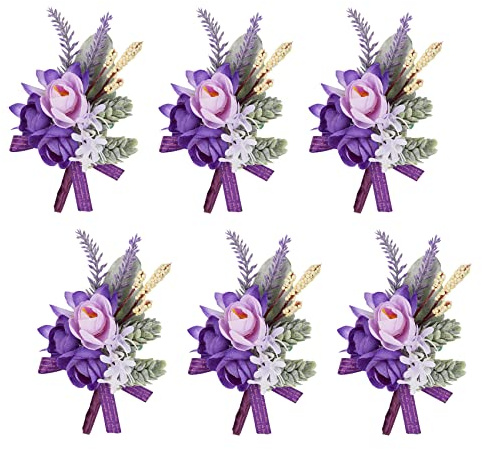 Meldel Purple Boutonniere for Men Wedding, Set of 6, Groom and Best Man Boutonniere for Wedding Ceremony Anniversary, Formal Dinner Party and Rustic Fall Wedding Marriage