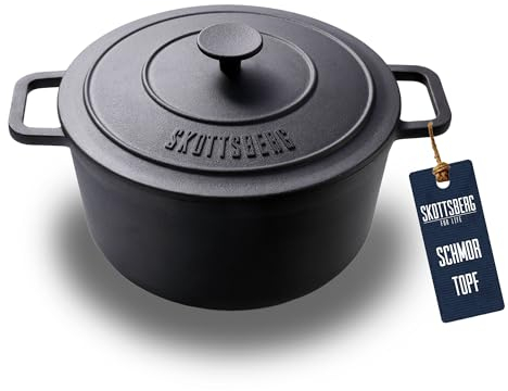 Skottsberg Gusseisen Topf - Ø 28 cm – vorgebrannt & PFAS‑frei, 5,5L Volumen, Deckel mit Aromaspikes - für Induktion, Gas, Ceran, Grill & Ofen