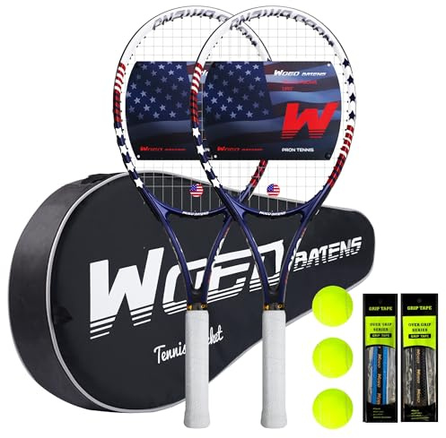 WOED BATENS Tennis Rackets for Adults, 27 Inch, 2 Player Set, 2 Tennis Balls, 2 Overgrips, 2 Vibrations Dampers, Tennis Bag
