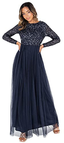 Maya Deluxe Damen Maya Deluxe Women's Dress for Wedding Guest Plus Size Empire High Waist Sequins Long Sleeve Evening Brautjungfernkleid, Navy, 46 EU