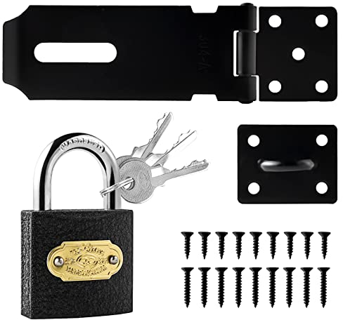 4inch Shed Lock 90°Gate Lock 180°Door Latch Hasp Shed Door Latch Hasp and Staple with Padlock Door Hasp Lock for Garden Sheds Underground Garages Bedrooms Cabinets（Black 4inch)