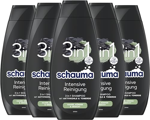 Schauma Schwarzkopf 3in1 Shampoo Intensive Reinigung (5x 400 ml), Haarshampoo für Haare, Körper und Gesicht, 3in1 Shampoo mit Aktivkohle und Tonerde reinigt das Haar gründlich