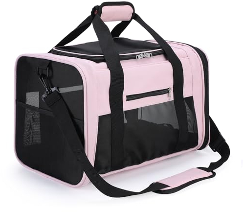 PETTOM Transportbox für Hunde und Katzen 43x28x28 cm, Faltbar, Wasserdicht, mit Schultergurt, Weich Gepolstert, für Reisen im Flugzeug, Auto oder Zug, für Haustiere, Rosa