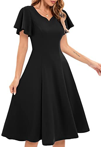 Black Cocktail Dress for Funeral Casual Semi Formal Knee Length Wedding Guest Dress for Women Elegant Graduation Party with Short Sleeves Midi Evening Party Dresses, Black M