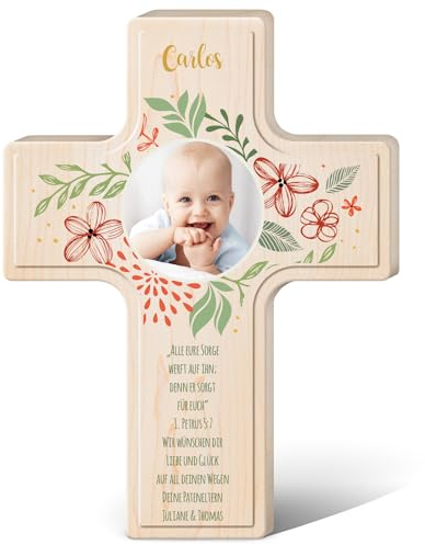 GRAVURZEILE Personalisiertes Kinderkreuz zur Taufe Kommunion und Konfirmation - Blumenkranz - Holzkreuz für Kinder personalisiert mit Foto und Text - Personalisierte Geschenke für Jungen und Mädchen