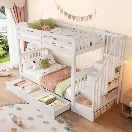 Zravenna Letto a castello 90 x 200 cm, scaffale a gradini, con due cassetti, ringhiera alta, letto a soppalco con vano portaoggetti, letto matrimoniale funzionale bianco (90 x 200 cm, cassetti)