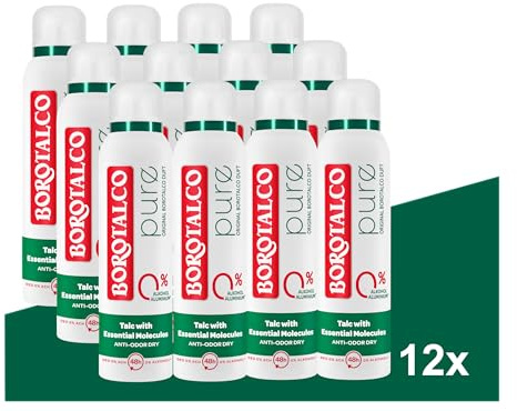 Borotalco Deodorant Pure Original 12 x 150 ml – kroppsspray – 48 timmars effektivitet – talc med Essential Molecule– formel mot svett och lukt – 0% aluminiumsalter (ACH) – män och kvinnor