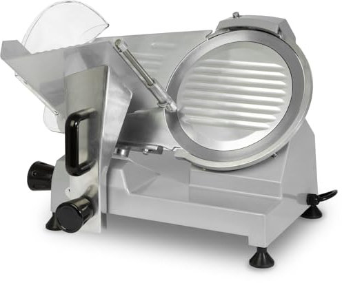 VERTES Cortadora de fiambres gastro, eléctrica con 150W, cuchilla con 250mm de diámetro, grosor de corte de 0 a 12mm, cortadora de fiambres multiusos con carcasa de aluminio, incl. piedra de afilar