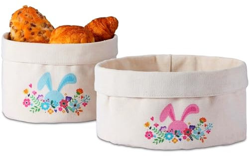 WW STYLE Brotkorb Stoff 2er-Set, Brötchenkorb Ostern, Baumwolle, in zwei verschiedenen Farben und Größen, Ø 23 und 20 cm, Brotbeutel Brötchenbeutel Frühstückskorb Brottasche, Aufbewahrungskorb Küche